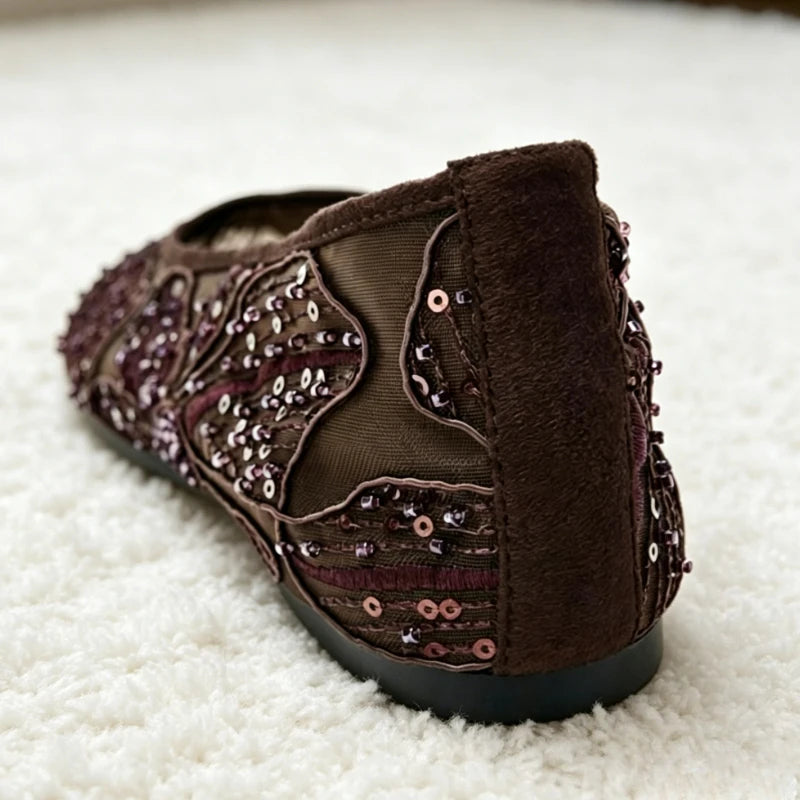 Luxury Designer Ballet Flats for Women Fashion String Bead Sequin Detail Breathable Mary Jane Shoes Comfortable Summer Loafers
