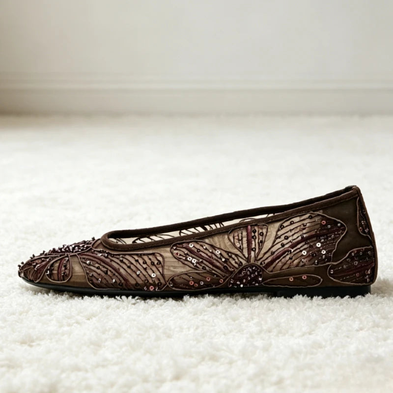 Luxury Designer Ballet Flats for Women Fashion String Bead Sequin Detail Breathable Mary Jane Shoes Comfortable Summer Loafers