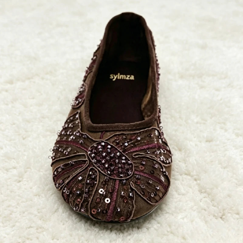 Luxury Designer Ballet Flats for Women Fashion String Bead Sequin Detail Breathable Mary Jane Shoes Comfortable Summer Loafers
