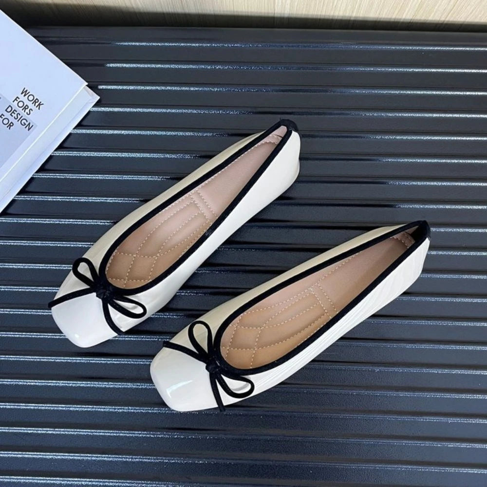Women Nude Pink Patent Leather Ballet Flats Square Toe Bowknot Decor Slip on Comfortable Elegant Casual Dress Shoes