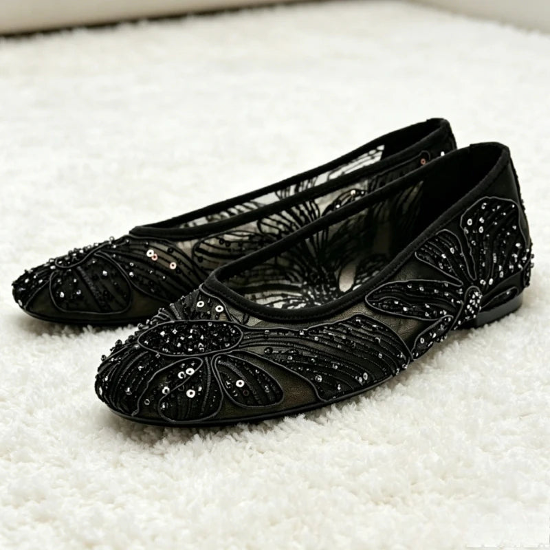 Luxury Designer Ballet Flats for Women Fashion String Bead Sequin Detail Breathable Mary Jane Shoes Comfortable Summer Loafers