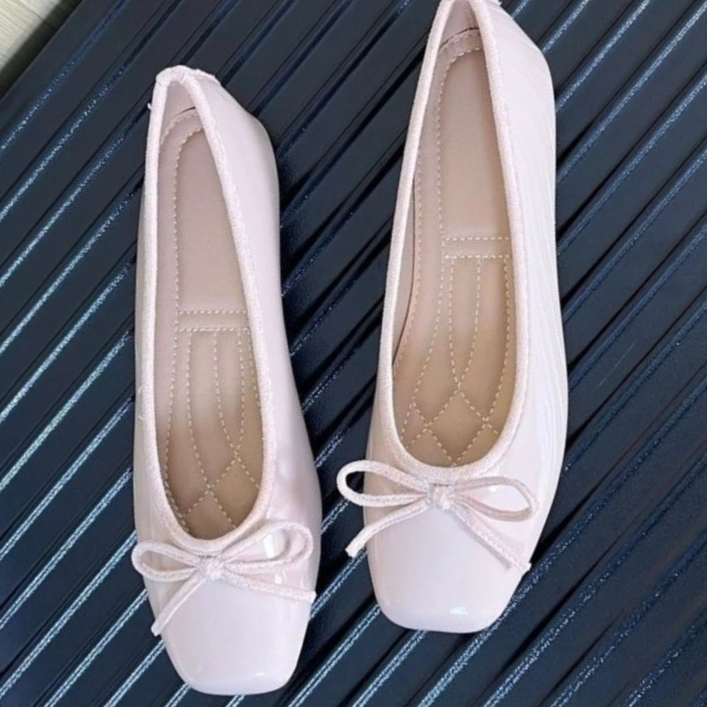 Women Nude Pink Patent Leather Ballet Flats Square Toe Bowknot Decor Slip on Comfortable Elegant Casual Dress Shoes