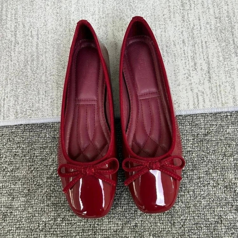 Women Nude Pink Patent Leather Ballet Flats Square Toe Bowknot Decor Slip on Comfortable Elegant Casual Dress Shoes
