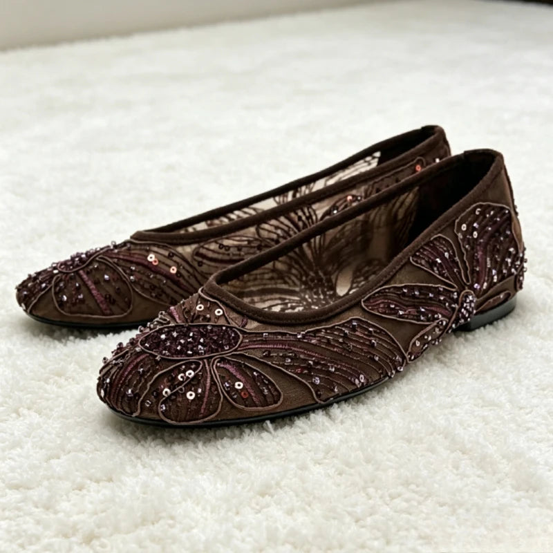 Luxury Designer Ballet Flats for Women Fashion String Bead Sequin Detail Breathable Mary Jane Shoes Comfortable Summer Loafers
